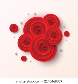 Fondo con rosas y perlas abstractas de color rojo brillante. Tarjeta de saludo de feriado de amor. Fondo del evento de San Valentín con flores y decoraciones