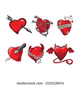 Background bright red lips with flying hearts. Vector background of the lips and hearts.
