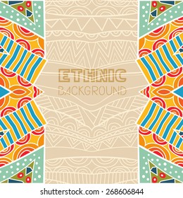 Background with bright tribal border. Abstract ethnic pattern. Colorful frame. Copy space. Template for greeting card, invitation or poster. Vector file is EPS8.