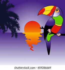 Background with brightly colored parrot bird sitting on the branch on the beach. Tropical vector illustration