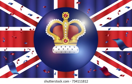 Background with the British flag, crown and round zone for text.
