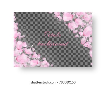 Background of a brochure with falling petals of a blossoming peach on a translucent backdrop