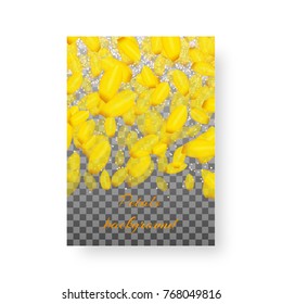 Background of a brochure with falling petals of flowering crocuses on a transparent backdrop