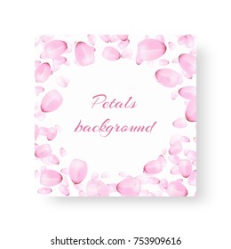 Background of a brochure with flying petals of a blossoming peach on a white backdrop