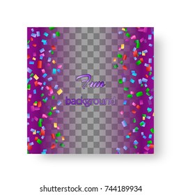 Background of a brochure with shiny colored paper confetti flying on a purple backdrop for a Christmas design
