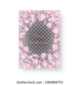 Background of the brochure with tender petals of Japanese cherries on a transparent backdrop