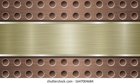 Fondo de superficie metálica perforada de bronce con orificios y placa horizontal pulida dorada con textura metálica, resplandor y bordes brillantes