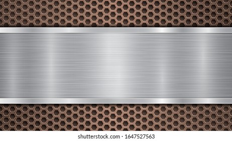Background of bronze perforated metallic surface with holes and horizontal silver polished plate with a metal texture, glares and shiny edges