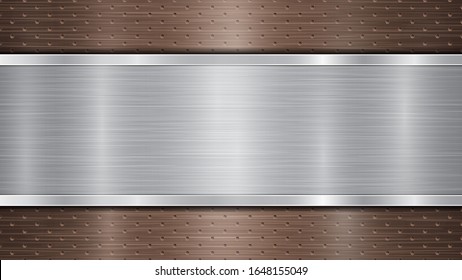 Fondo de superficie metálica perforada de bronce con orificios y placa horizontal pulida de plata con textura metálica, resplandor y bordes brillantes