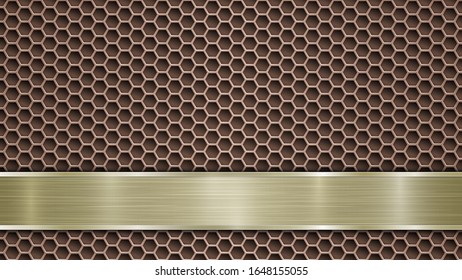 Fondo de superficie metálica perforada de bronce con orificios y placa horizontal pulida dorada con textura metálica, resplandor y bordes brillantes