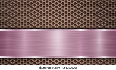 Background of bronze perforated metallic surface with holes and horizontal purple polished plate with a metal texture, glares and shiny edges