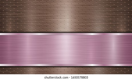 Background of bronze perforated metallic surface with holes and horizontal purple polished plate with a metal texture, glares and shiny edges