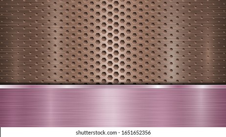 Background of bronze perforated metallic surface with holes and horizontal purple polished plate with a metal texture, glares and shiny edges