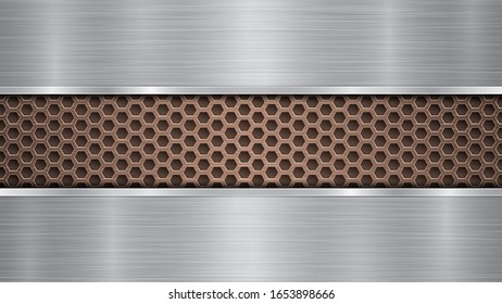 Background of bronze perforated metallic surface with holes and two horizontal silver polished plates with a metal texture, glares and shiny edges