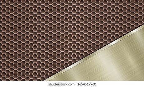 Fondo de superficie metálica perforada de bronce con orificios y placa enrollada de color dorado con textura metálica, resplandor y bordes brillantes