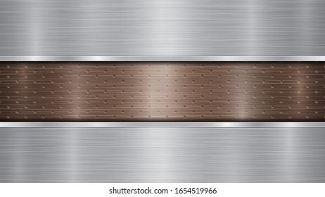 Fondo de superficie metálica perforada de bronce con orificios y dos placas horizontales de pulido plateado con textura metálica, resplandor y bordes brillantes