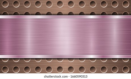 Hintergrund der gelochten metallischen Bronzeloberfläche mit Löchern und einer violett-polierten horizontalen Platte mit einer Metallstruktur, Glasseisen und glänzenden Kanten