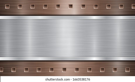 Background of bronze perforated metallic surface with holes and horizontal silver polished plate with a metal texture, glares and shiny edges