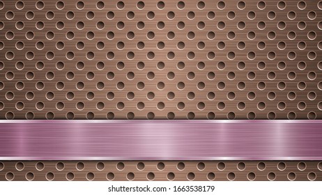Fondo de superficie metálica perforada de bronce con orificios y chapa horizontal pulida de color púrpura con textura metálica, resplandor y bordes brillantes