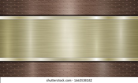 Background of bronze perforated metallic surface with holes and horizontal golden polished plate with a metal texture, glares and shiny edges