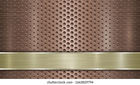 Background of bronze perforated metallic surface with holes and horizontal golden polished plate with a metal texture, glares and shiny edges