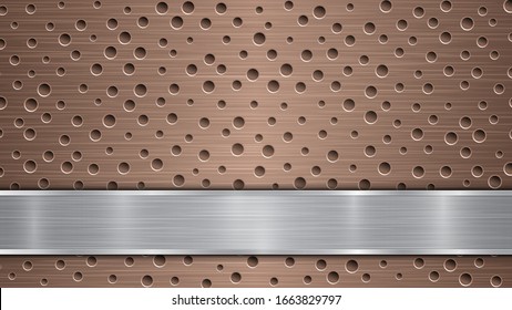 Background of bronze perforated metallic surface with holes and horizontal silver polished plate with a metal texture, glares and shiny edges