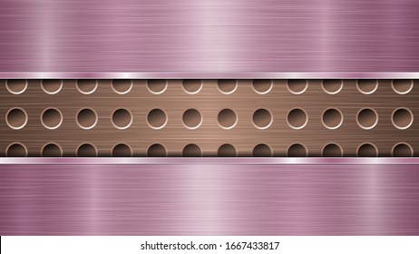Background of bronze perforated metallic surface with holes and two horizontal purple polished plates with a metal texture, glares and shiny edges