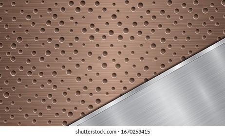 Background of bronze perforated metallic surface with holes and angled silver polished plate with a metal texture, glares and shiny edges
