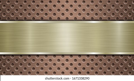 Background of bronze perforated metallic surface with holes and horizontal golden polished plate with a metal texture, glares and shiny edges