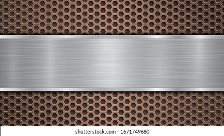 Background of bronze perforated metallic surface with holes and horizontal silver polished plate with a metal texture, glares and shiny edges