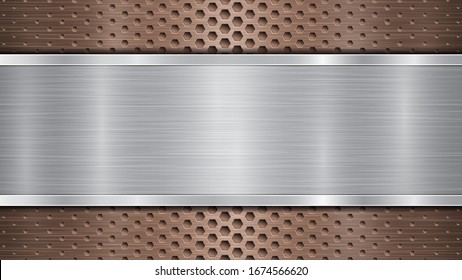 Background of bronze perforated metallic surface with holes and horizontal silver polished plate with a metal texture, glares and shiny edges