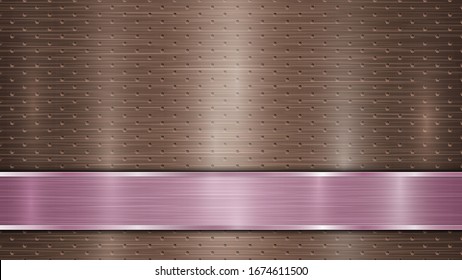 Background of bronze perforated metallic surface with holes and horizontal purple polished plate with a metal texture, glares and shiny edges