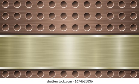 Fondo de superficie metálica perforada de bronce con orificios y placa horizontal pulida dorada con textura metálica, resplandor y bordes brillantes