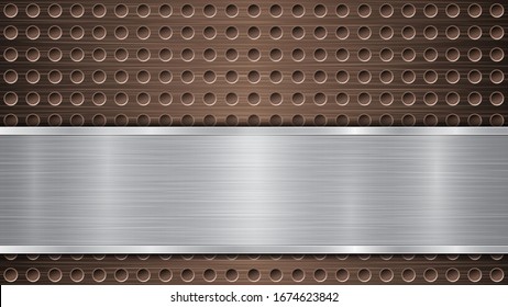 Background of bronze perforated metallic surface with holes and horizontal silver polished plate with a metal texture, glares and shiny edges