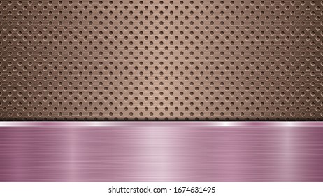 Fondo de superficie metálica perforada de bronce con orificios y chapa horizontal pulida de color púrpura con textura metálica, resplandor y bordes brillantes