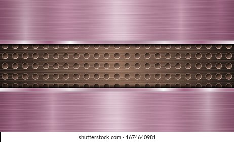 Background of bronze perforated metallic surface with holes and two horizontal purple polished plates with a metal texture, glares and shiny edges