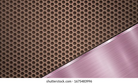 Background of bronze perforated metallic surface with holes and angled purple polished plate with a metal texture, glares and shiny edges