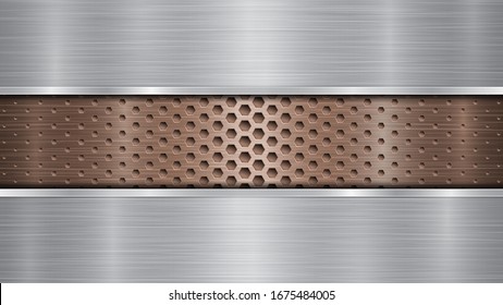 Background of bronze perforated metallic surface with holes and two horizontal silver polished plates with a metal texture, glares and shiny edges