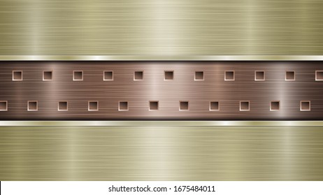 Background of bronze perforated metallic surface with holes and two horizontal golden polished plates with a metal texture, glares and shiny edges
