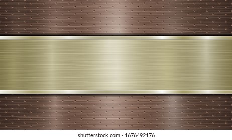 Fondo de superficie metálica perforada de bronce con orificios y placa horizontal pulida dorada con textura metálica, resplandor y bordes brillantes