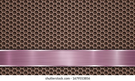 Background of bronze perforated metallic surface with holes and horizontal purple polished plate with a metal texture, glares and shiny edges