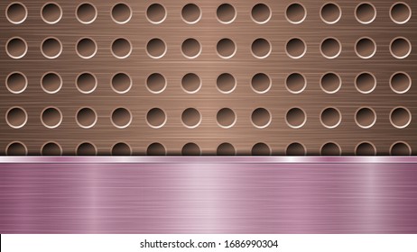 Background of bronze perforated metallic surface with holes and horizontal purple polished plate with a metal texture, glares and shiny edges