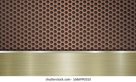 Background of bronze perforated metallic surface with holes and horizontal golden polished plate with a metal texture, glares and shiny edges