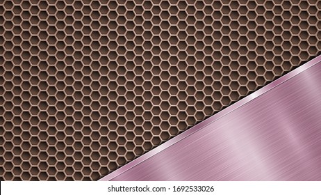 Background of bronze perforated metallic surface with holes and angled purple polished plate with a metal texture, glares and shiny edges