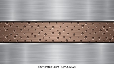 Background of bronze perforated metallic surface with holes and two horizontal silver polished plates with a metal texture, glares and shiny edges