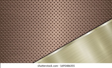 Background of bronze perforated metallic surface with holes and angled golden polished plate with a metal texture, glares and shiny edges