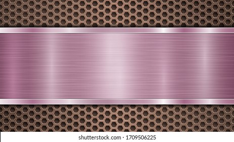 Background of bronze perforated metallic surface with holes and horizontal purple polished plate with a metal texture, glares and shiny edges