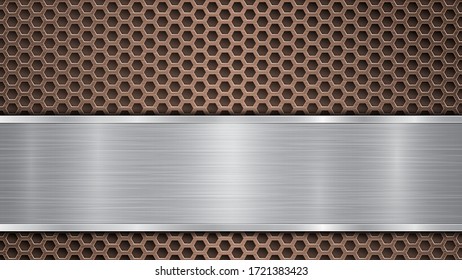 Fondo de superficie metálica perforada de bronce con orificios y placa horizontal pulida de plata con textura metálica, resplandor y bordes brillantes