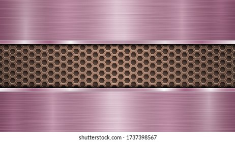 Hintergrund der gelochten metallischen Oberfläche aus Bronze mit Löchern und zwei horizontalen violetten Platten mit Metallstruktur, Glares und glänzenden Kanten