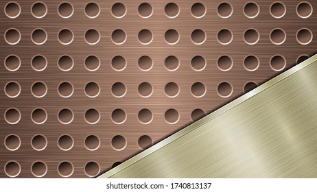 Background of bronze perforated metallic surface with holes and angled golden polished plate with a metal texture, glares and shiny edges